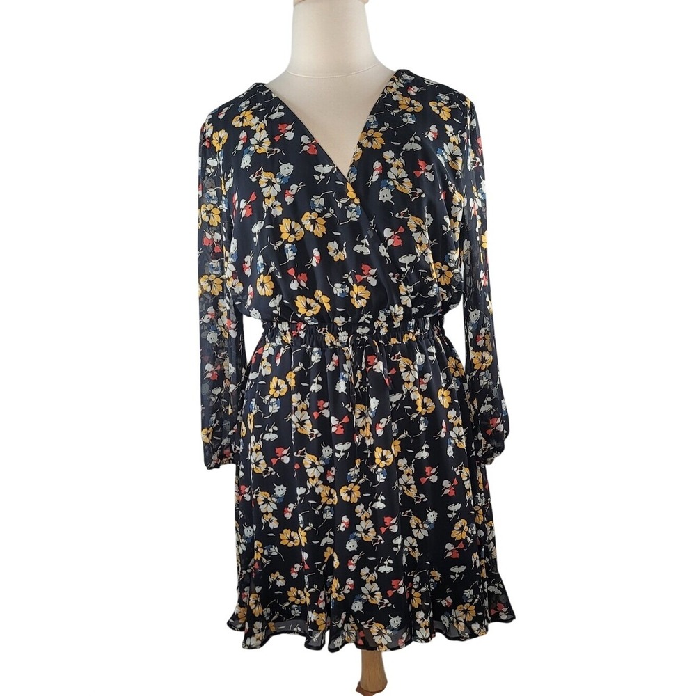 Trixxi Black Floral V-Neck Faux Wrap Elastic Waist Long Sleeve Chiffon Dress‎
